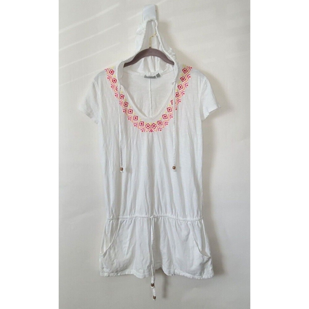 Athleta La Tara Tunic Top Size M White Embroidered Hooded Drop Waist Pockets EUC